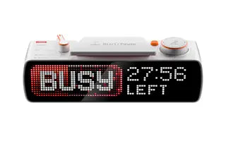 BUSY Bar front view — LED pixel screen showing BUSY status with 27:56 timer countdown