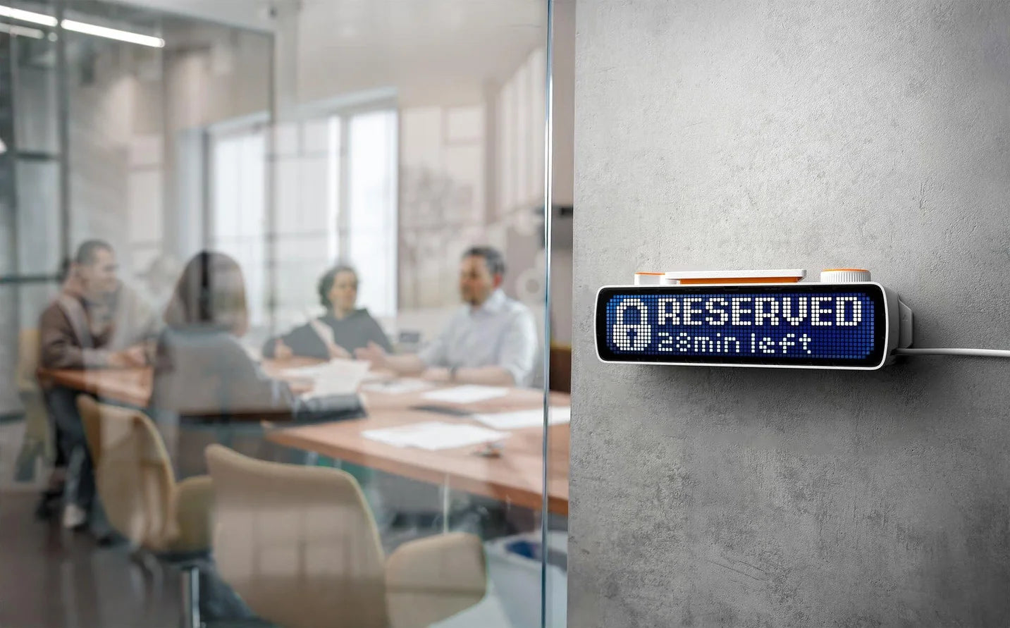 BUSY Bar showing a reserved meeting room status outside a conference room