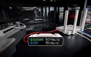 BUSY Bar showing internet speed test results — 97 Mb/s down, 15 Mb/s up — beside a router